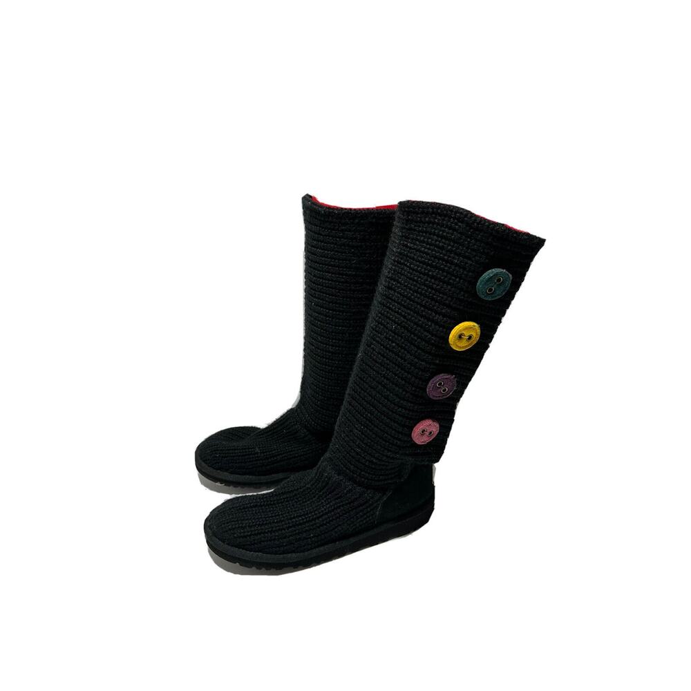 UGG CLASSIC CARDY 1967 KNIT BUTTON BLACK‎ TALL BOOTS US Sz 6 WOMEN Discontinued